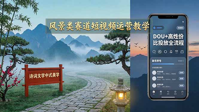 风景类赛道短视频运营教学：诗词文学中式美学，新号养号对标账号定位，DOU+高性价比投放全流程| 网创圈