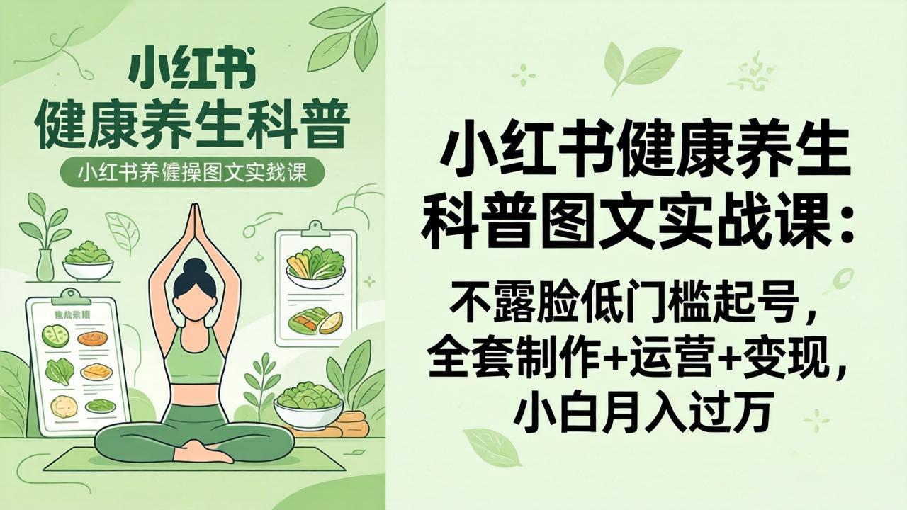 2026小红书健康养生科普图文实战课：不露脸低门槛起号，全套制作+运营+变现，小白月入过万| 网创圈