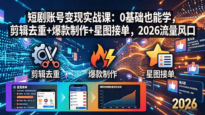 短剧账号变现实战课：0基础也能学，剪辑去重+爆款制作+星图接单，2026流量风口| 网创圈