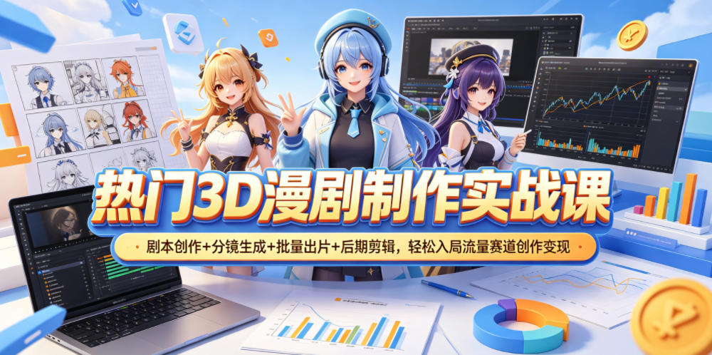 热门3D漫剧制作实战课，剧本创作+分镜生成+批量出片+后期剪辑，轻松入局流量赛道创作变现| 网创圈