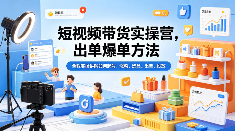 短视频带货实操营，出单爆单方法，全程实操讲解如何起号、涨粉、选品、出单、投放(更新0515)| 网创圈