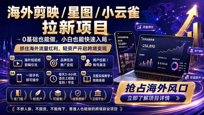 海外剪映 / 星图 / 小云雀拉新项目 普通人也能上手的跨境流量变现副业| 网创圈