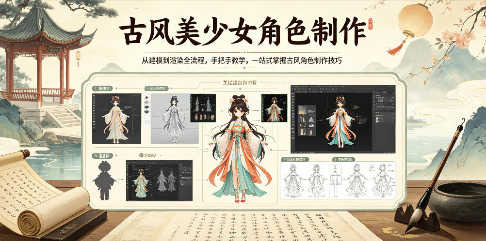 古风美少女角色制作，从建模到渲染全流程，手把手教学，一站式掌握古风角色制作技巧| 网创圈