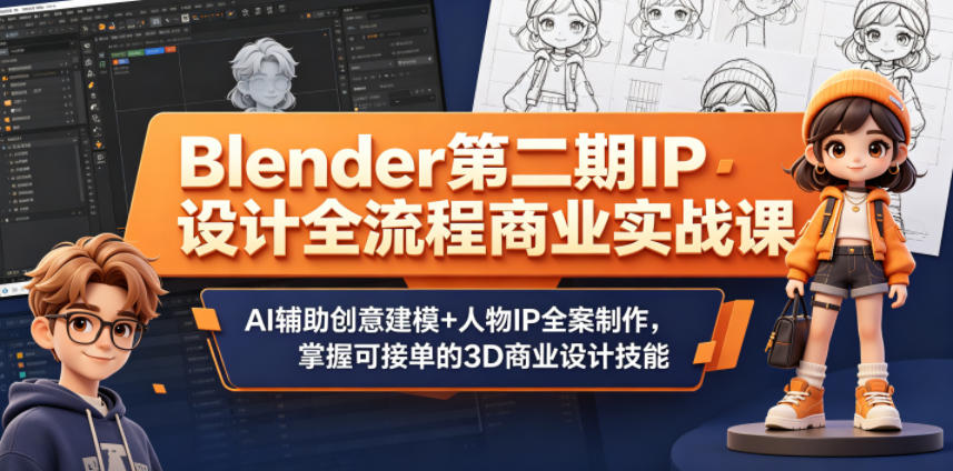 Blender第二期IP设计全流程商业实战课，AI辅助创意建模+人物IP全案制作，掌握可接单的3D商业设计技能| 网创圈