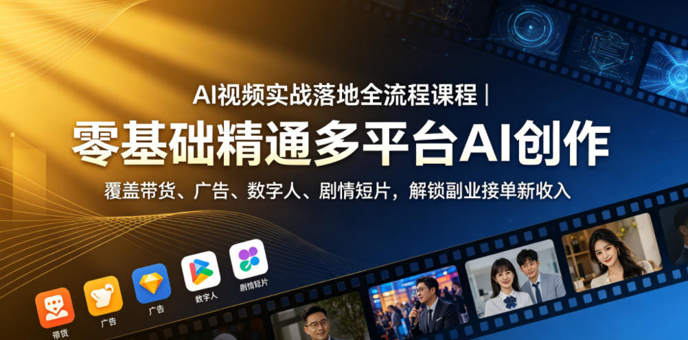 AI视频实战落地全流程课程｜零基础精通多平台AI创作，覆盖带货、广告、数字人、剧情短片，解锁副业接单新收入| 网创圈