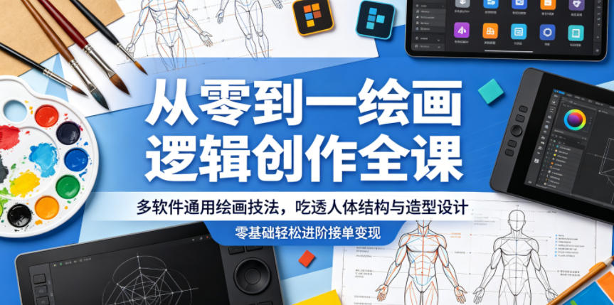 从零到一绘画逻辑创作全课，多软件通用绘画技法，吃透人体结构与造型设计，零基础轻松进阶接单变现| 网创圈