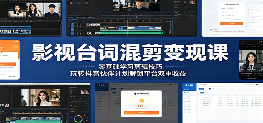 影视台词混剪变现课：零基础学习剪辑技巧，玩转抖音伙伴计划解锁平台双重收益| 网创圈