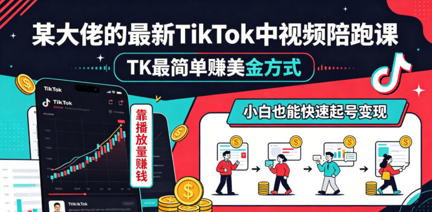 某大佬的最新TikTok中视频陪跑课，TK最简单賺美金方式，靠播放量賺钱，小白也能快速起号变现| 网创圈