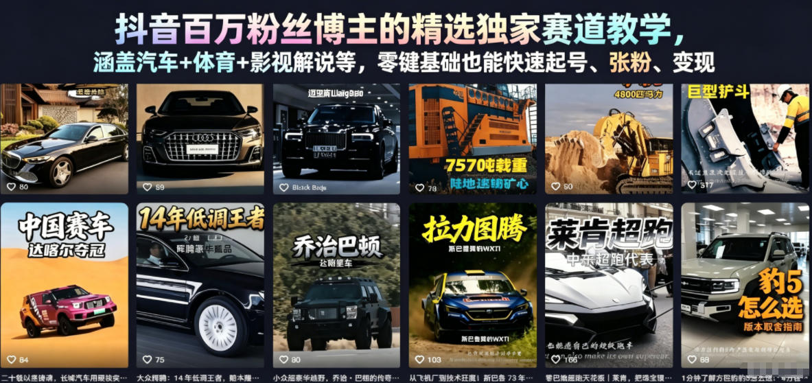 抖音百万粉丝博主的精选独家赛道教学，涵盖汽车+体育+影视解说等，零基础也能快速起号、涨粉、变现| 网创圈