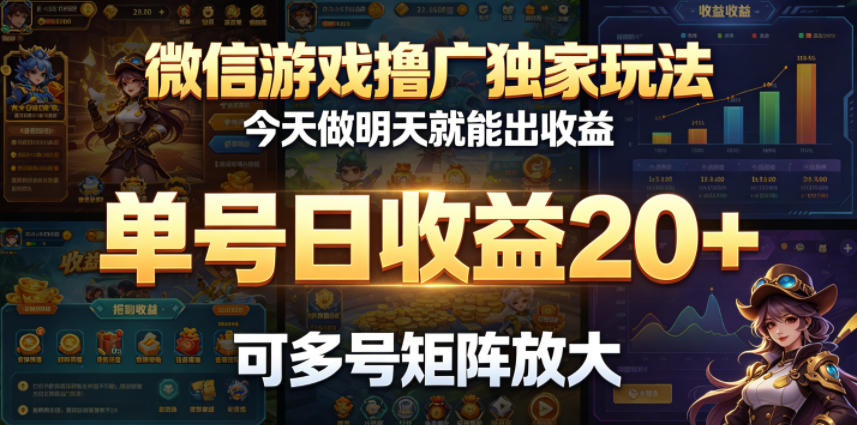 微信游戏撸广独家玩法，今天做明天就能出收益，单号日收益20+，可多号矩阵放大| 网创圈