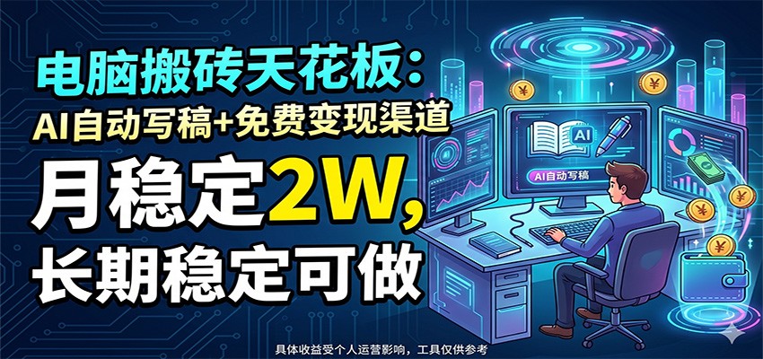 电脑搬砖天花板：AI自动写稿+免费变现渠道，月稳定2W，长期稳定可做| 网创圈