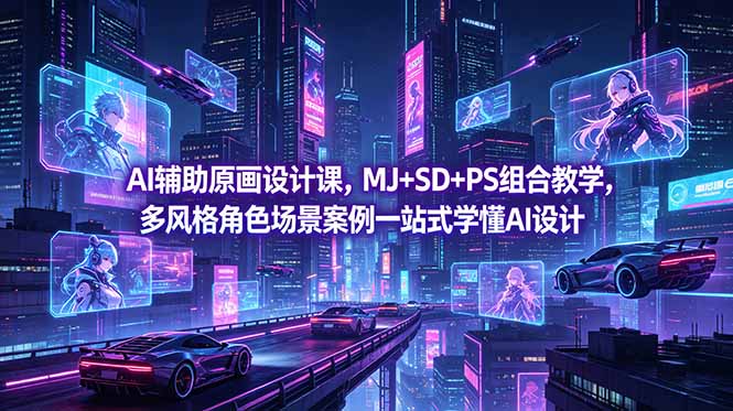 AI辅助原画设计课，MJ+SD+PS组合教学，多风格角色场景案例一站式学懂AI设计| 网创圈