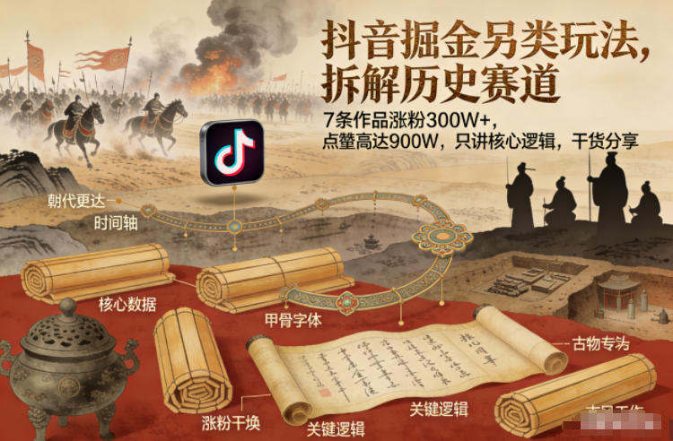 抖音掘金另类玩法，拆解历史赛道，7条作品涨粉300W+，点赞量高达900W，只讲核心逻辑，干货分享| 网创圈