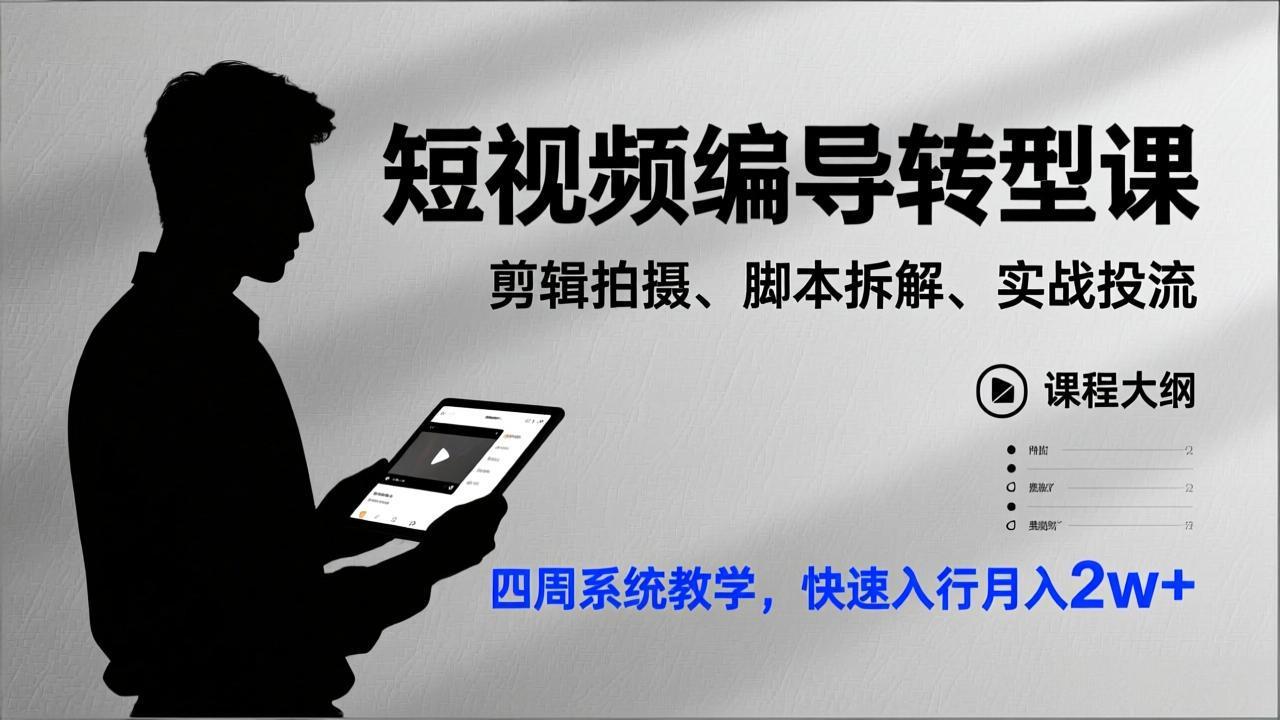 短视频编导转型课，剪辑拍摄、脚本拆解、实战投流，四周系统教学，快速入行月入2w+| 网创圈