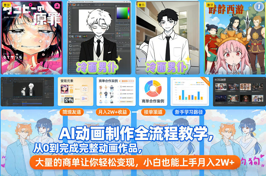 AI动画制作全流程教学，从0到完成完整动画作品，大量的商单让你轻松变现，小白也能上手月入2W+| 网创圈